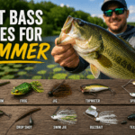 Angler holding a largemouth bass caught with a summer bass lure near grass and lily pads