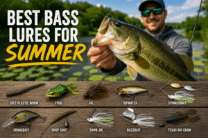 Angler holding a largemouth bass caught with a summer bass lure near grass and lily pads
