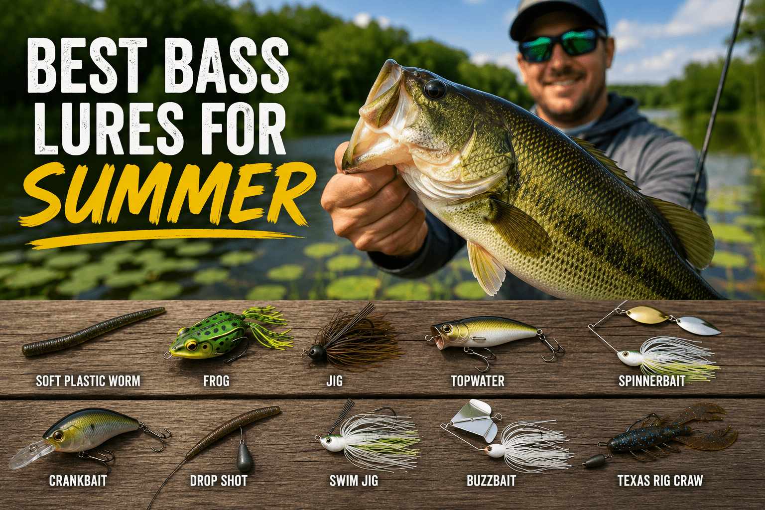 Angler holding a largemouth bass caught with a summer bass lure near grass and lily pads