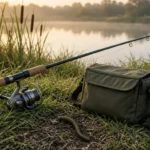 A spinning rod, a small tackle bag and a Texas-rigged worm resting on a grassy pond bank at sunrise