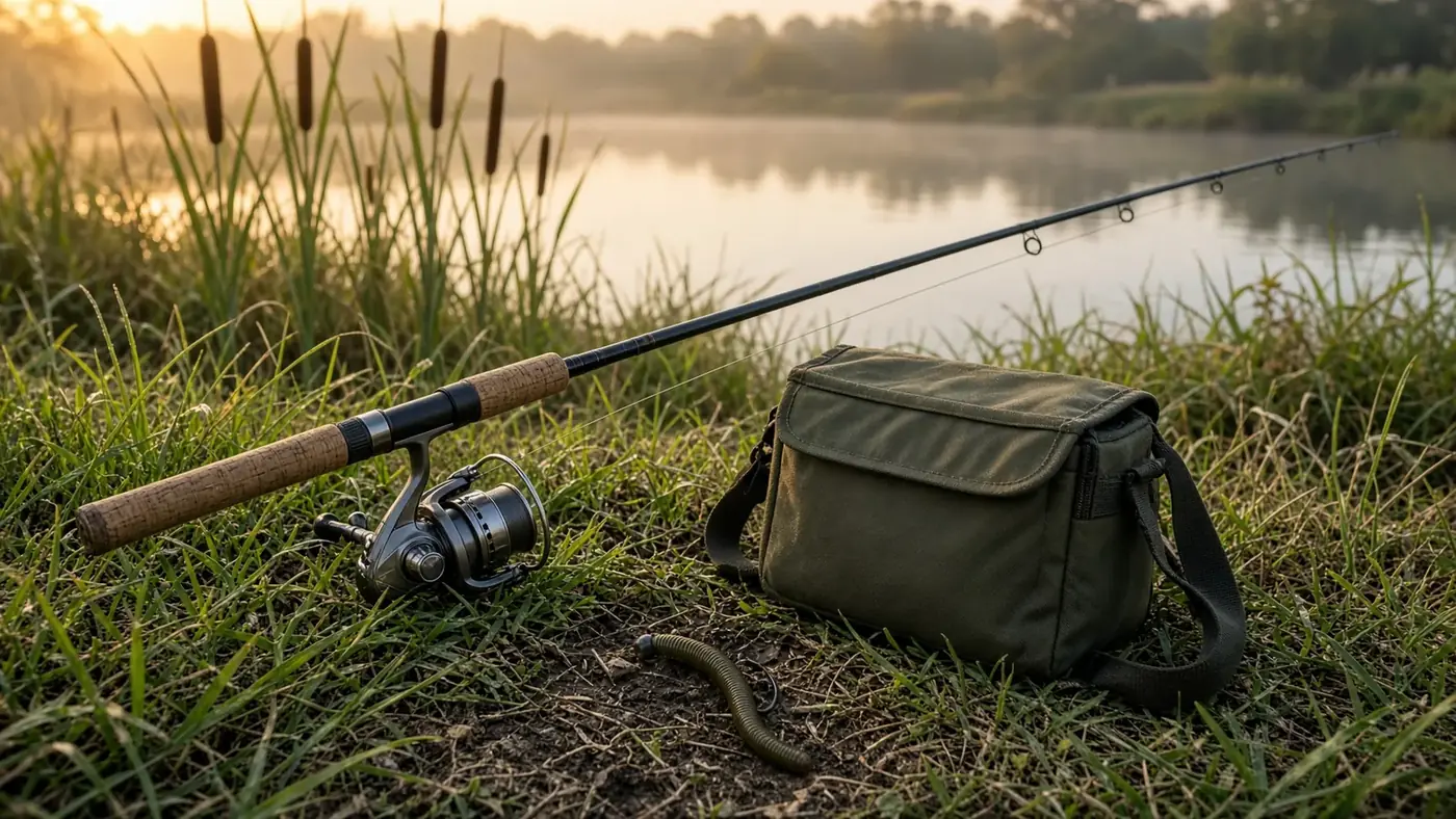 A spinning rod, a small tackle bag and a Texas-rigged worm resting on a grassy pond bank at sunrise