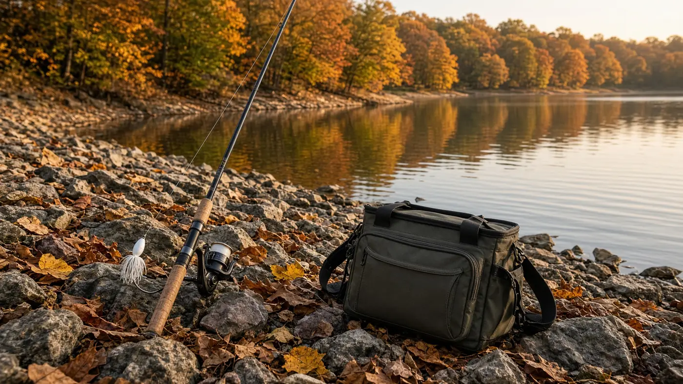 A spinning rod with a spinnerbait and a small tackle bag on a rocky bank beside a lake in autumn