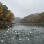 Gulls diving over a school of shad in a reservoir creek arm lined with fall colors