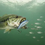 A largemouth bass striking a chrome crankbait beside a school of small shad in green fall water