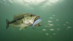 A largemouth bass striking a chrome crankbait beside a school of small shad in green fall water