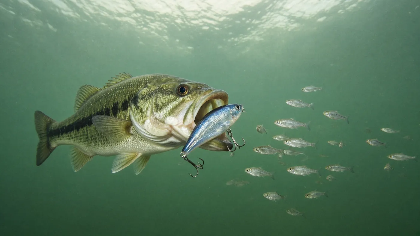 A largemouth bass striking a chrome crankbait beside a school of small shad in green fall water