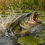 A largemouth bass exploding through lily pads to strike a frog on a summer morning