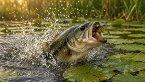 A largemouth bass exploding through lily pads to strike a frog on a summer morning