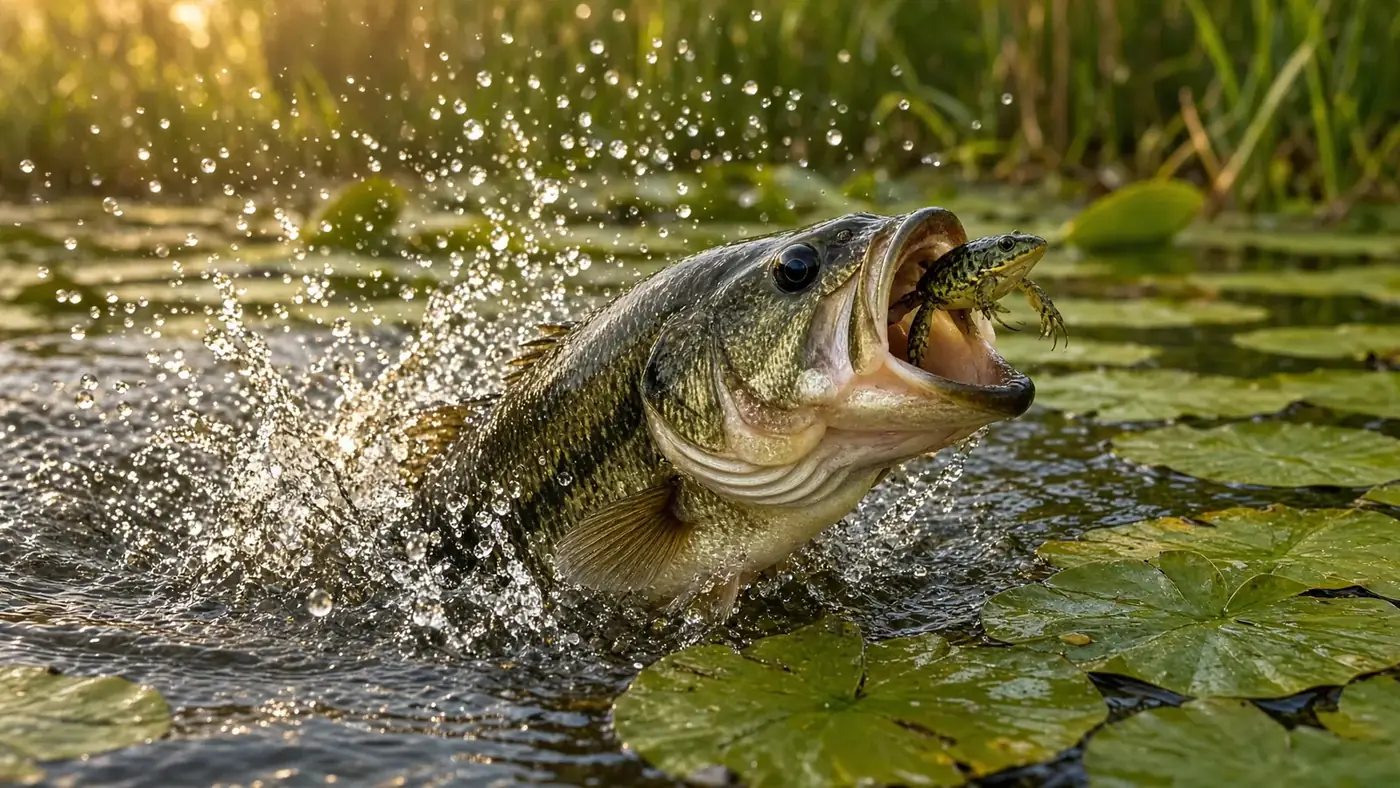 A largemouth bass exploding through lily pads to strike a frog on a summer morning