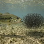 A male largemouth bass guarding a dark cloud of bass fry in clear shallow water over a sandy bottom