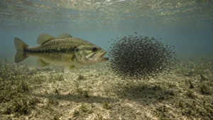 A male largemouth bass guarding a dark cloud of bass fry in clear shallow water over a sandy bottom