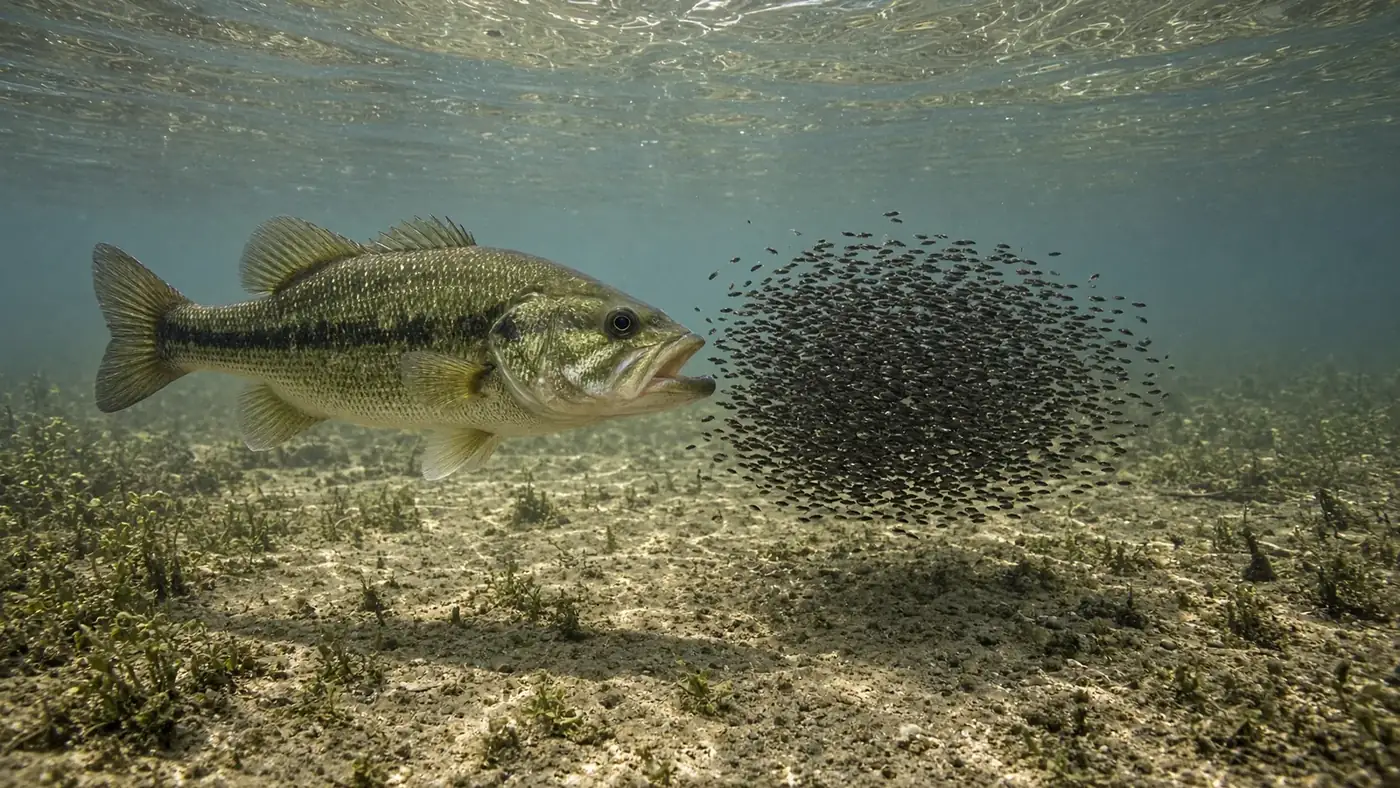 A male largemouth bass guarding a dark cloud of bass fry in clear shallow water over a sandy bottom