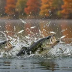 Largemouth bass blowing up on a school of shad at the surface of a lake in fall