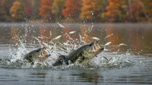 Largemouth bass blowing up on a school of shad at the surface of a lake in fall