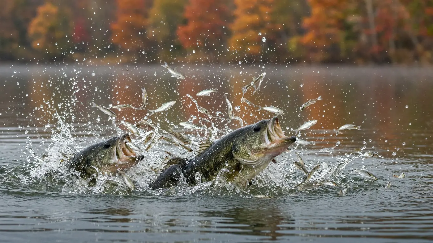 Largemouth bass blowing up on a school of shad at the surface of a lake in fall