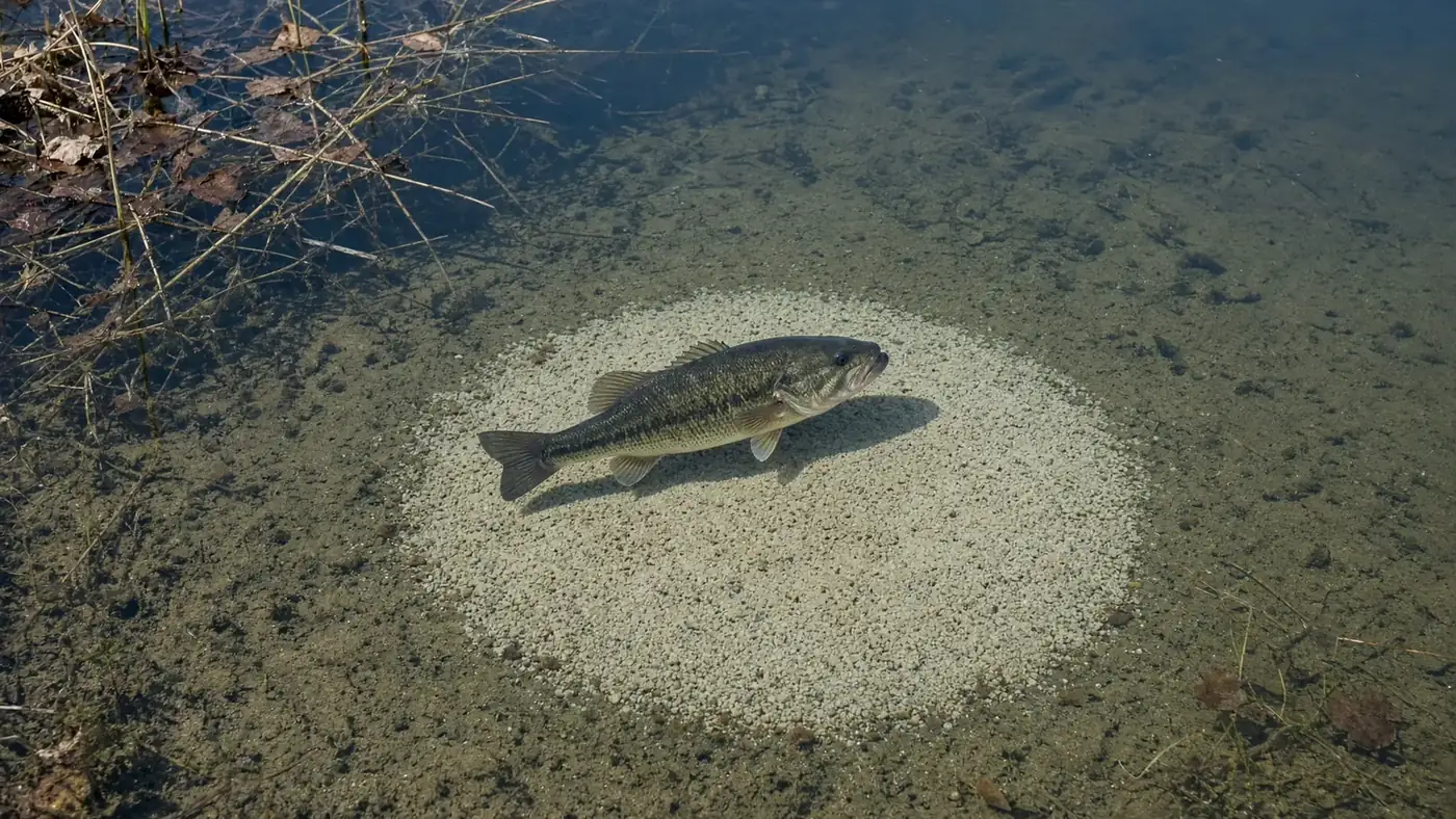 A largemouth bass hovering over a round spawning bed on a sandy bottom in a clear protected cove
