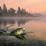 A largemouth bass striking at the surface along a weed edge at dawn on a summer lake
