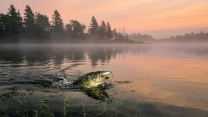 A largemouth bass striking at the surface along a weed edge at dawn on a summer lake