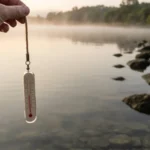 A handheld fishing thermometer held just above calm lake water at a rocky largemouth bass shoreline in early morning light