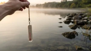 A handheld fishing thermometer held just above calm lake water at a rocky largemouth bass shoreline in early morning light