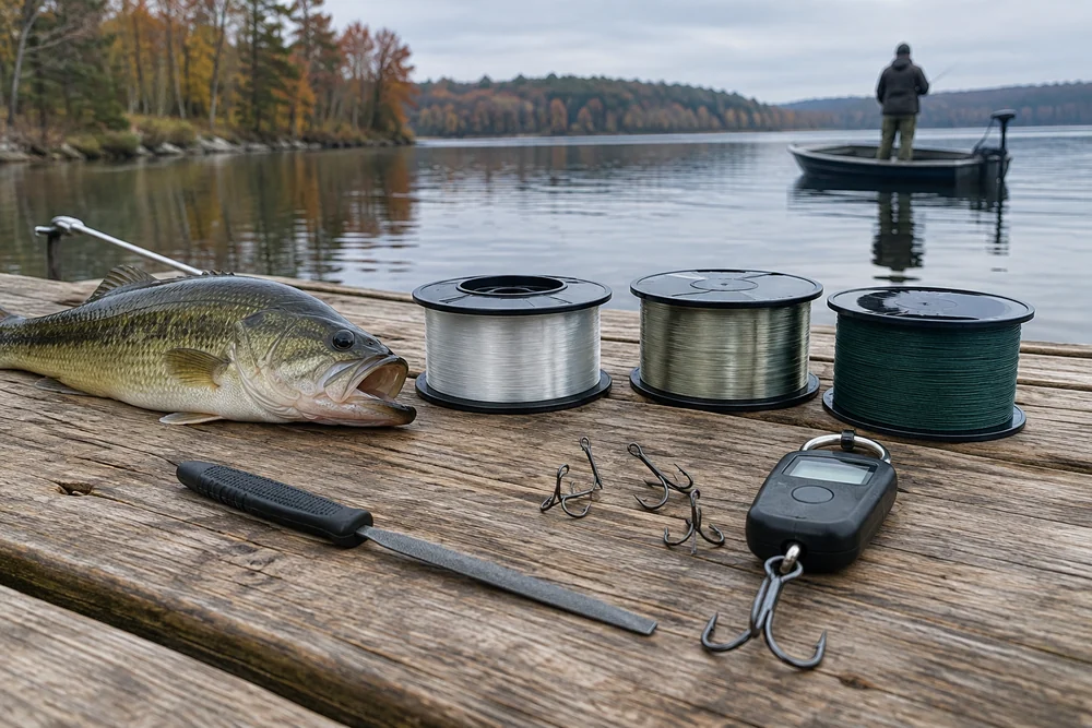 A hook file, a handheld scale and three spools of fishing line laid out on a wooden dock for a gear check.