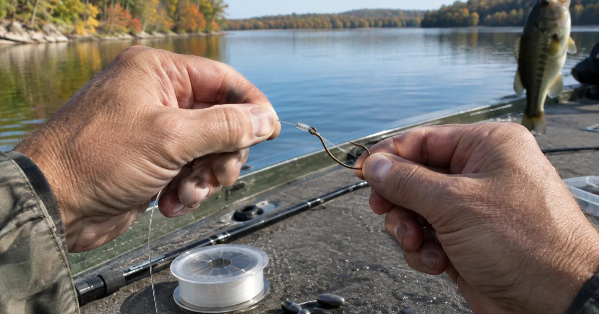 Close-up of an angler cinching a wet knot onto a worm hook on a boat deck beside line and weights.