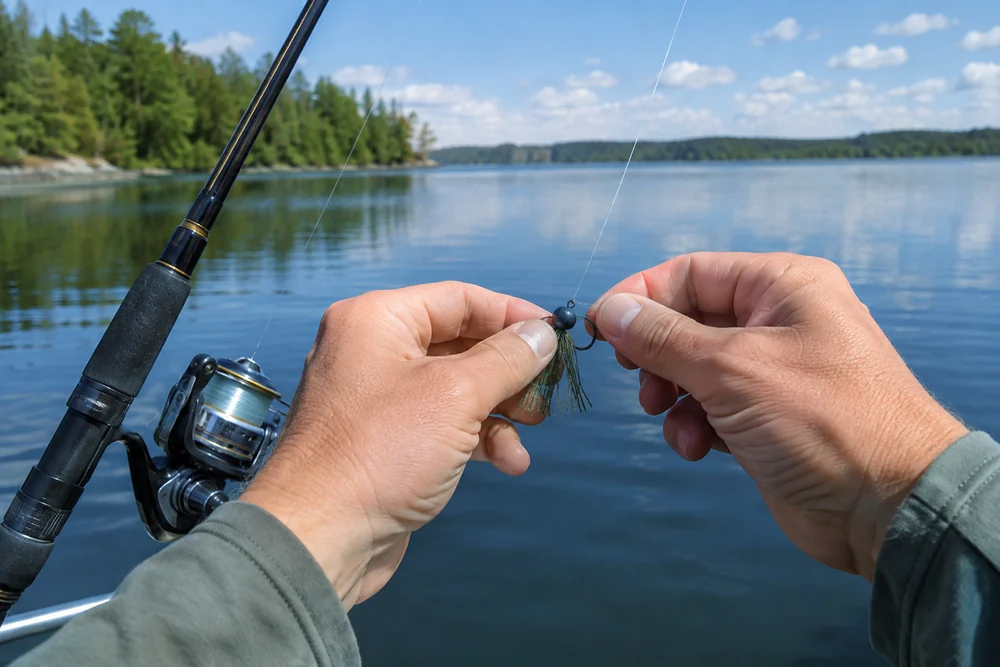 Hands rigging a small finesse jig on light spinning tackle on a calm, bluebird day after a cold front