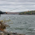 Bass fishing tips in action: an angler casting a spinnerbait onto a wind-blown rocky point under an overcast sky