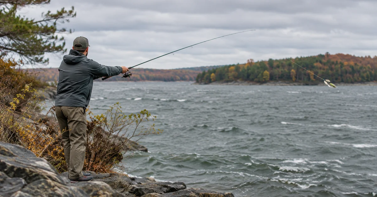 Bass fishing tips in action: an angler casting a spinnerbait onto a wind-blown rocky point under an overcast sky