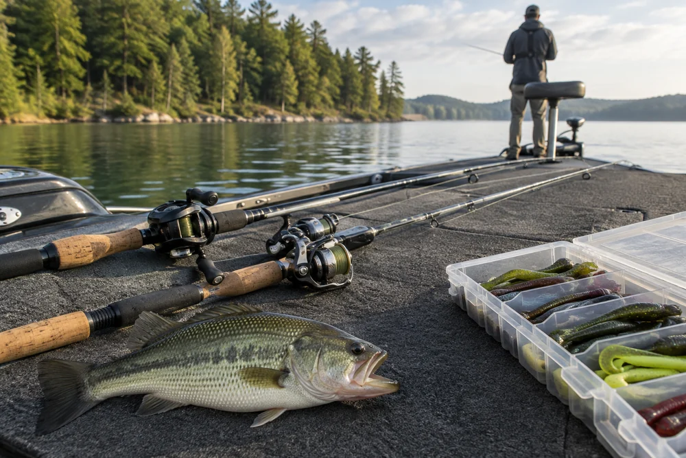 Spinning and baitcasting combos on a boat deck next to an open tray of soft plastic bass lures