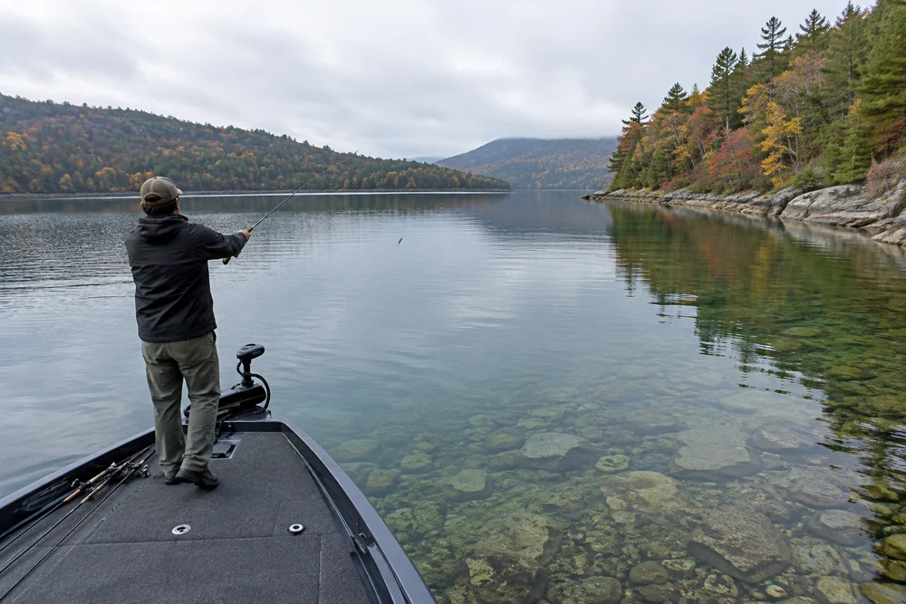 Angler making a long cast with a spinning rod across a calm, crystal clear reservoir on an overcast morning