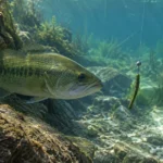 Largemouth bass holding by a rock ledge in clear lake water, eyeing a small green pumpkin finesse worm