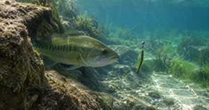 Largemouth bass holding by a rock ledge in clear lake water, eyeing a small green pumpkin finesse worm