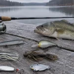 A largemouth bass beside a jerkbait, crankbait, spinnerbait, jig and blade bait on frosty dock planks in late fall.