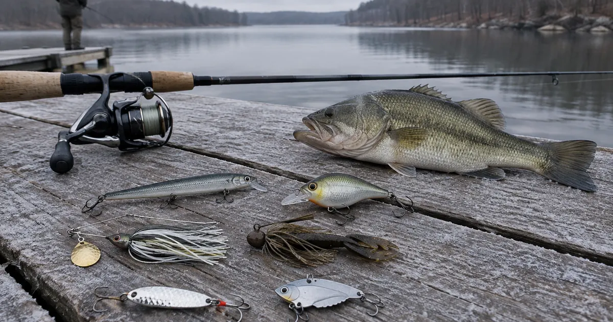 A largemouth bass beside a jerkbait, crankbait, spinnerbait, jig and blade bait on frosty dock planks in late fall.