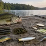 Best bass lures by type on a wooden dock: worms, a skirted jig, a spinnerbait, a crankbait, a topwater bait and a jerkbait