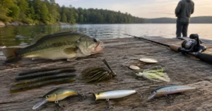 Best bass lures by type on a wooden dock: worms, a skirted jig, a spinnerbait, a crankbait, a topwater bait and a jerkbait