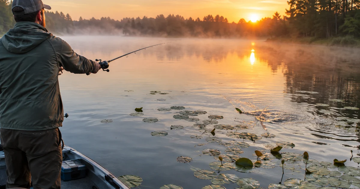 Best time to fish for bass: an angler casting a topwater lure near lily pads on a misty lake at sunrise