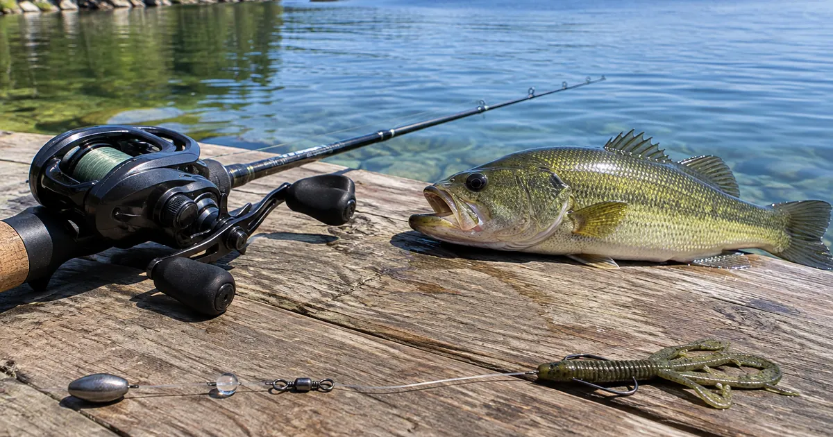 Carolina rig parts on a dock, bullet weight, swivel and craw plastic, beside a bass and a casting reel.