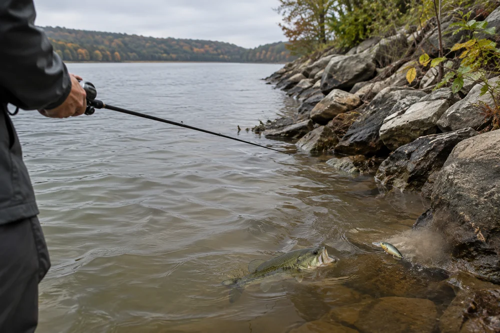 A square bill crankbait deflects off a shallow riprap bank in stained water, raising a small puff of silt.