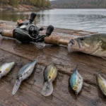 Six crankbaits with different bill shapes laid out in a row on wet dock planks beside a baitcasting reel.