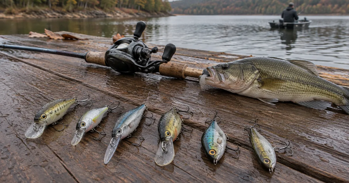 Six crankbaits with different bill shapes laid out in a row on wet dock planks beside a baitcasting reel.