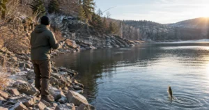 December bass fishing along a steep rocky bluff on a reservoir, with frost on the rocks and low winter sun