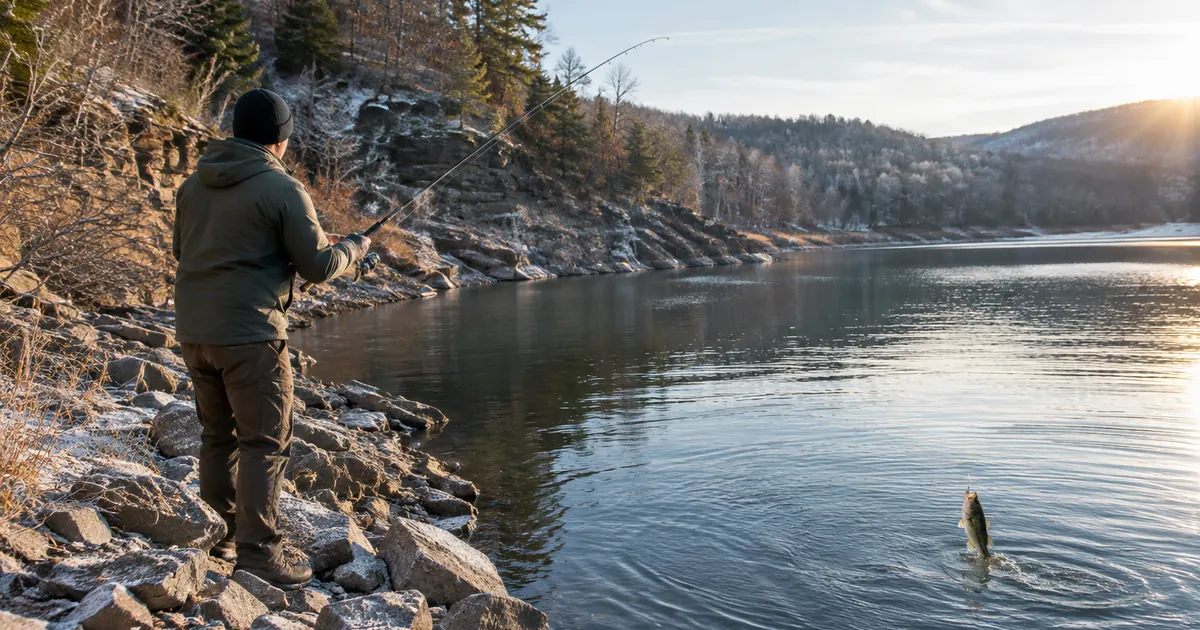 December bass fishing along a steep rocky bluff on a reservoir, with frost on the rocks and low winter sun