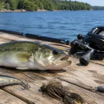 A largemouth bass beside a deep-diving crankbait, a jig and a Carolina rig on dock planks by a summer reservoir.