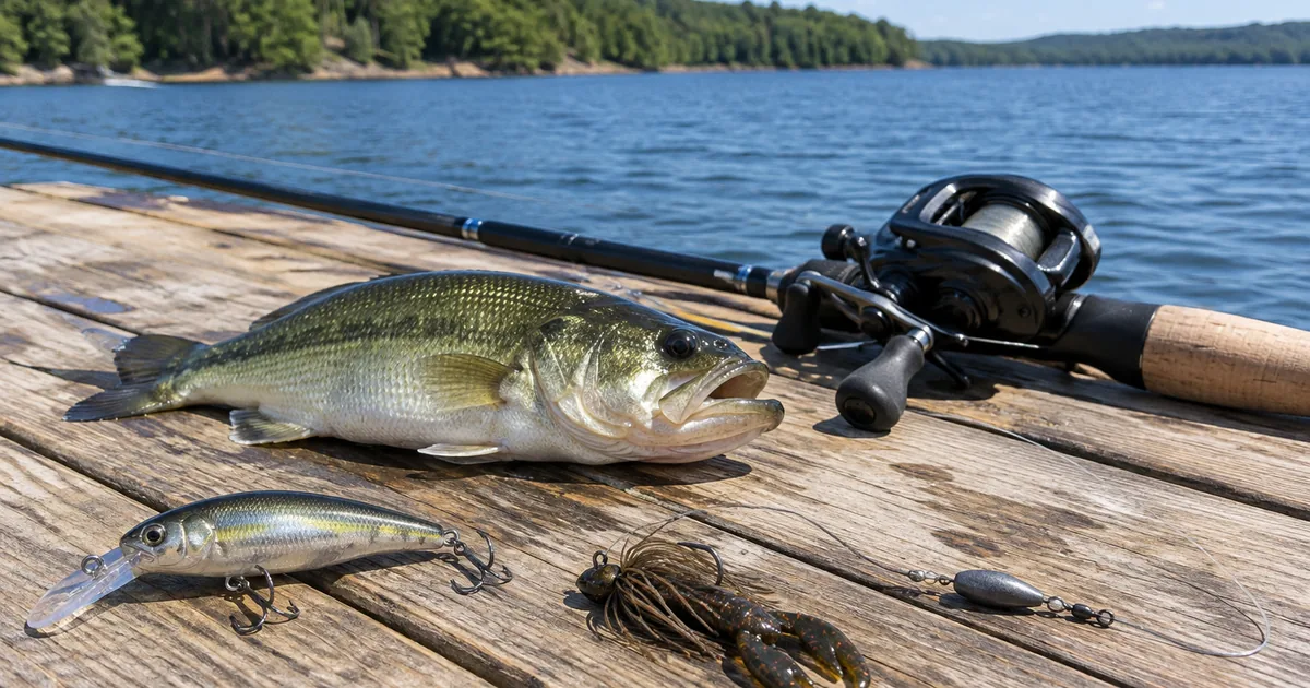 A largemouth bass beside a deep-diving crankbait, a jig and a Carolina rig on dock planks by a summer reservoir.