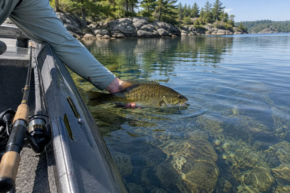 A smallmouth bass held at the waterline in clear water over rock, a light spinning rod and rig alongside.
