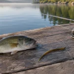 A drop shot rig on dock planks, worm above a tag of line and weight, beside a bass and a spinning reel.
