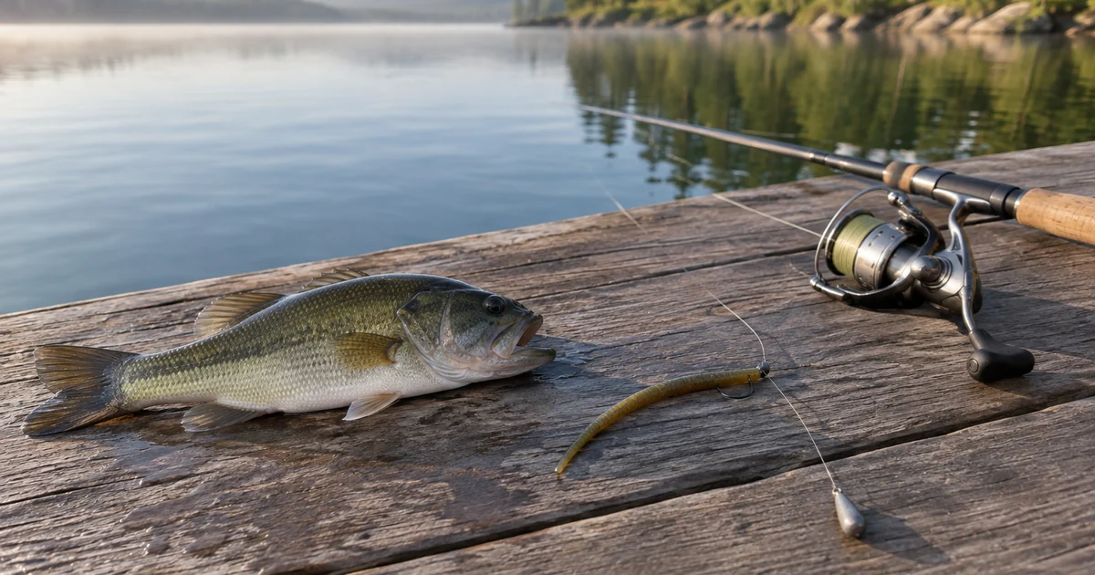 A drop shot rig on dock planks, worm above a tag of line and weight, beside a bass and a spinning reel.