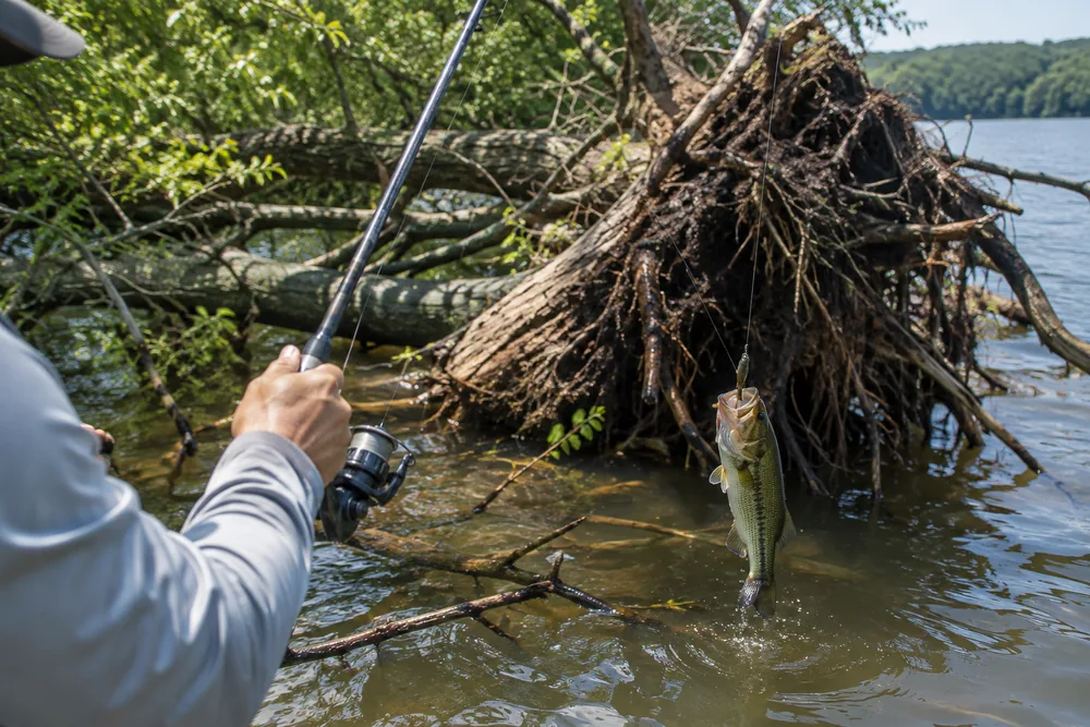 A bass pulled from a fallen tree with a heavy root ball in shallow stained water along a reservoir bank.